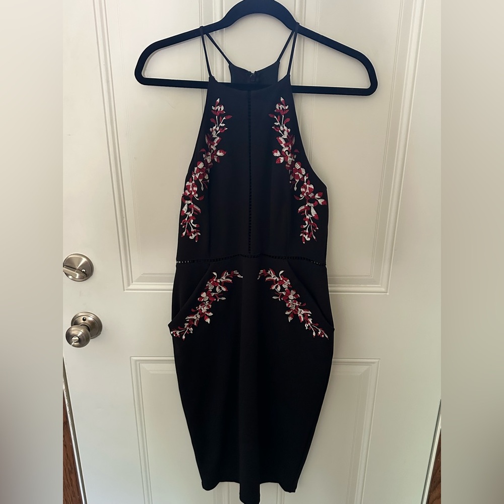 Bisou Bisou Black Cocktail Dress with Red Floral Design